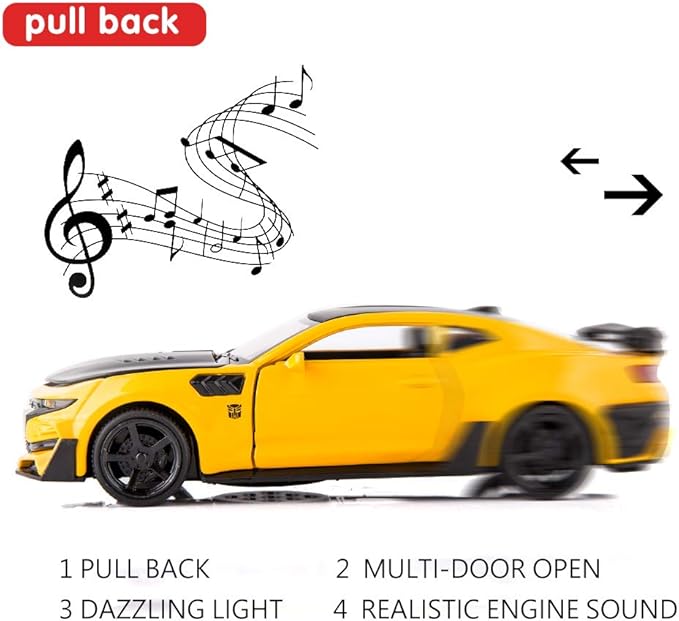 BDTCTK Camaro Bumblebee Car Model Toy 1/32 Zinc Alloy Casting Pull Back Car Sound and Light Toys for Kids Boy Girl Gift (Yellow)