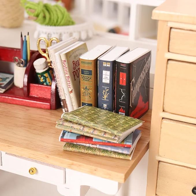 X Hot Popcorn 25Pcs Miniatures Doll House Books, Mini Books Library Bookshelf Fillers Mini House Accessories Wooden Mini Books Model Decoration for Doll House Decor