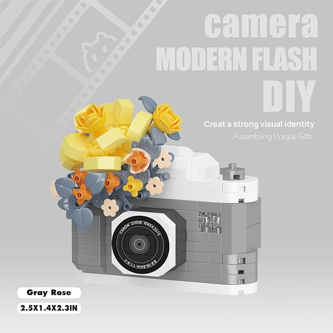 Gray Rose Cute Flower Camera Series Mini Building Toy Bricks Micro Blocks Kit Miniature Toys Ideal for Home Decor Desktop