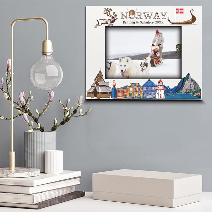 BELLA BUSTA-Personalized Europe Travel Picture Frame– Custom Print Photo Frame with City & Country-Honeymoon, Vacation, Adventure, Favor Keepsake (Norway (5x7 Horizontal))
