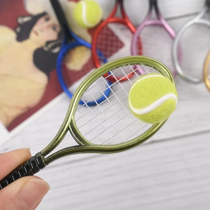 HUIANER Miniatures Tennis Racket 12pcs Mini Tennis Racket Keychain Dollhouse Accessories Sports Mini Tennis Set Mini Dollhouse Kitchen Fairy Garden Cake Topper Decoration