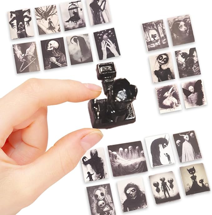 EKKZ 69Pcs Miniature Horror Diorama Set: Mini Black,DSLR Camera Prop, Gothic Posters & Abstract Art for 1:6 Scale Dollhouses - Creepy Display Decor for Adults