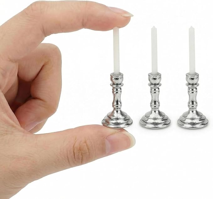 3PCS Vintage Miniature Candlesticks Set 1:12 Scale Metal Base Candle Holder for Miniature Room DIY Miniature Scene, or Desktop Display (Silver)