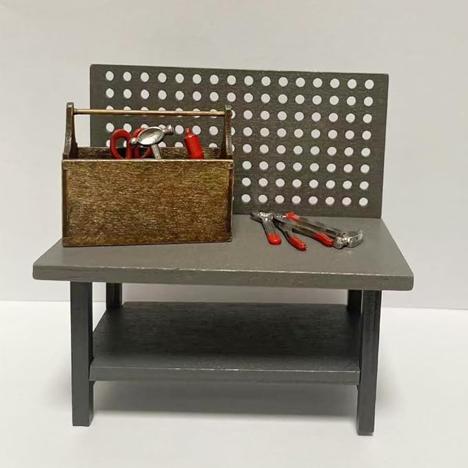 1:12 Dollhouse Miniature Tool Workbench with Accessories Miniature Dollhouse Garage Garden Furniture (Darkgreyworkbench)