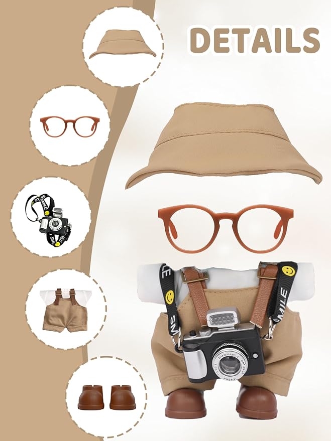 17cm Doll Clothes Set, Hat & Overalls & Shirt & Shoes & Glasses & Camera Set for 17cm Accessories Suit, Stylish Dolls Clothes Accessories, Cute Clothes for Dress up Unique Style (Khaki)