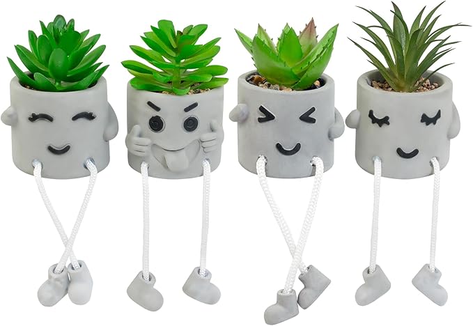 LUZOGA Set of 4 Small Faux Succulents in Cement Pots with Hanging Legs, Potted Mini Fake Plants for Desk, Office Cubicle, Kitchen, Bathroom, Wall Shelf Decor, Room & Bookshelf Ornament
