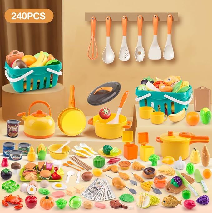 240Pcs Kids Mini Play Kitchen Accessories, Play Pans, Pots, Cookware with Desserts, Cuttable Veggies & BBQ Set & Storage Basket, Prop Money, Learning Gift for Child，Toddlers, Child, Yellow