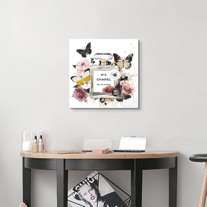 Dream Land Perfume Bottle Canvas Wall Art: Fashion Glam Flower Picture 12x12 Gold Foils Butterfly Prints