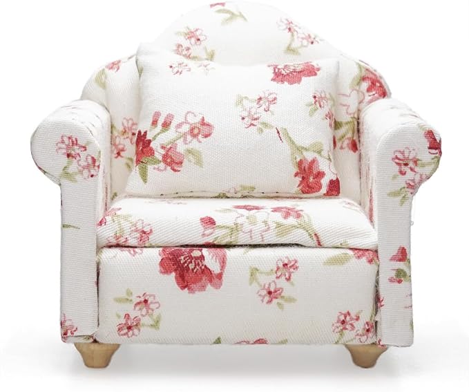 Odoria Dollhouse Armchair Sofa Miniature - 1/12 Scale Accent Chair for Vintage Country Living Room - Mini Club Lounge Chair Wood Furniture Upholstered Floral Red