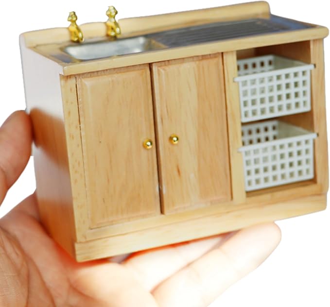 Dollhouse Furniture, 1/12 Wooden Dollhouse Bathroom Set, Sink with Cabinet, Countertop Realistic Miniature Furniture DIY Accessories