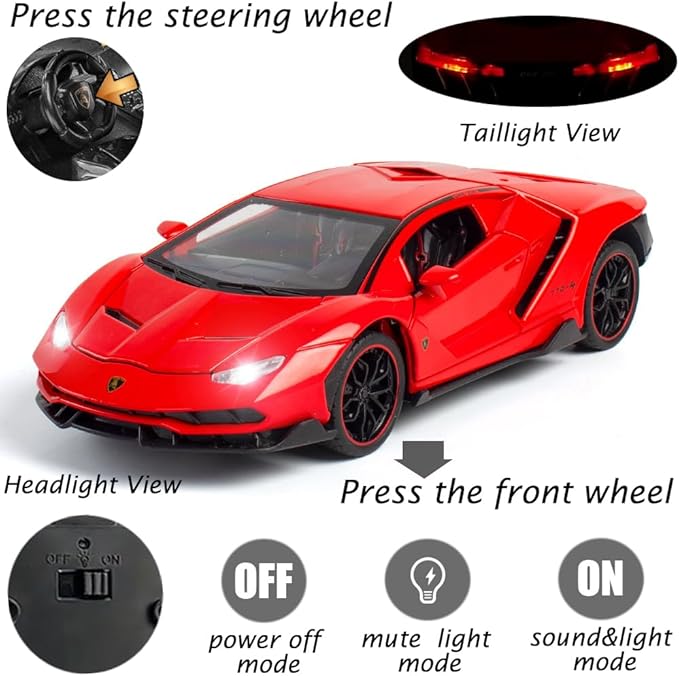 Toy Cars Model Lambo Sports Race Car 1/24 Red Alloy Collectible Diecast Vehicles with Sound and Light
