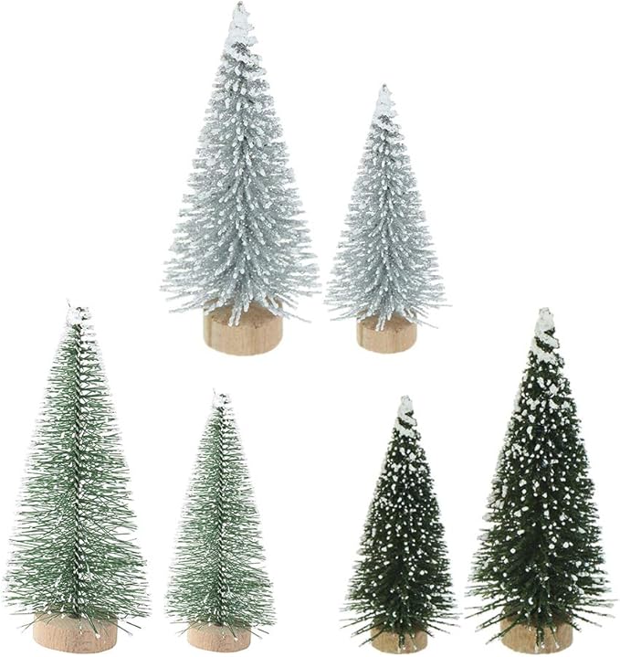 Yahpetes Miniature Christmas Tree 6 Pcs Pine Trees Sisal Trees Snow Frost Ornaments with Wooden Bases for Miniature Scenes, Christmas Crafting and Designing, Mixed Size