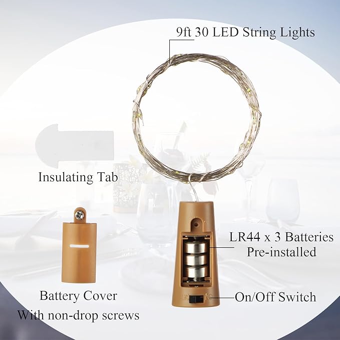 Rtteri 12 Sets Small Empty Wine Bottles with Cork Lights Centerpiece and 30 LED Battery Operated Cork Lights for Birthday Wedding Party Decoration (375 ml,Colorful Bottle)