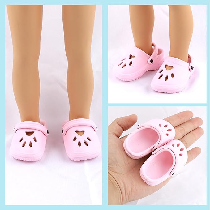 18 inch Doll Shoes - 5 Pairs of Different Types (Boots/Roller Skates/Sandals/Clogs) + 2 Pairs of Pink/White Socks 18 in Doll Accessories 18‘’Pink American Doll Accessories