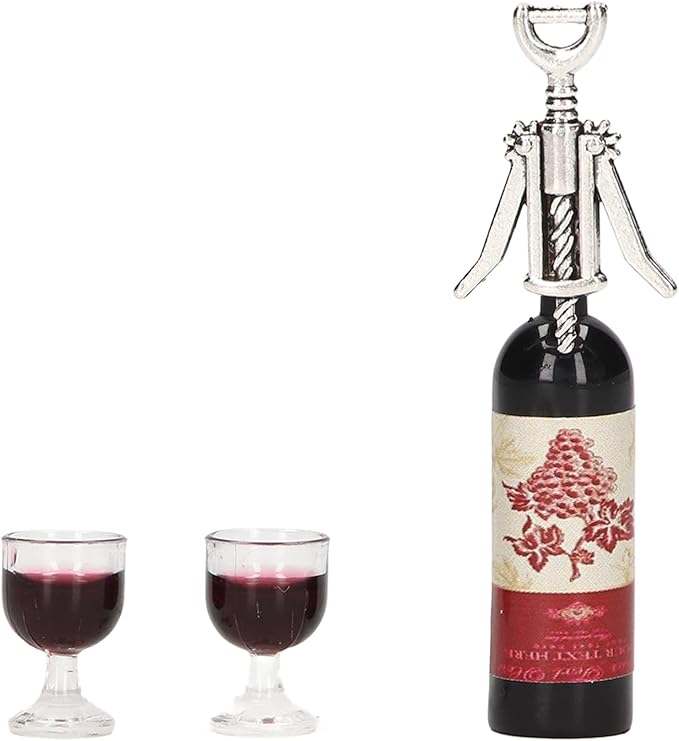 Doll House Red Wine Set 1/12 Scale Miniature Red Wine Bottles Glasses and Openers Realistic Dollhouse Accessories for Miniature Gardens and Home Decor