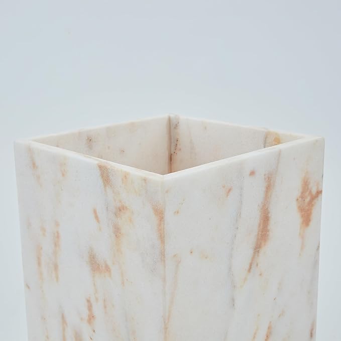 Elegant White Gold Marble Wastebasket Trash Can, 7" X 7" X 9" Rectangular Trash Can with Natural Veining, Marble Basket for Bathroom, Bedroom, Powder Room