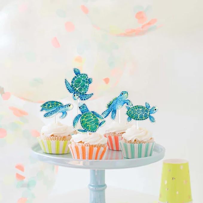 Cute Sea Turtle Cupcake Toppers Set for Kids 18-PC - This is the perfect turtle-themed birthday party, ocean-themed party, or baby shower decoration for boys or girls - SugarGera