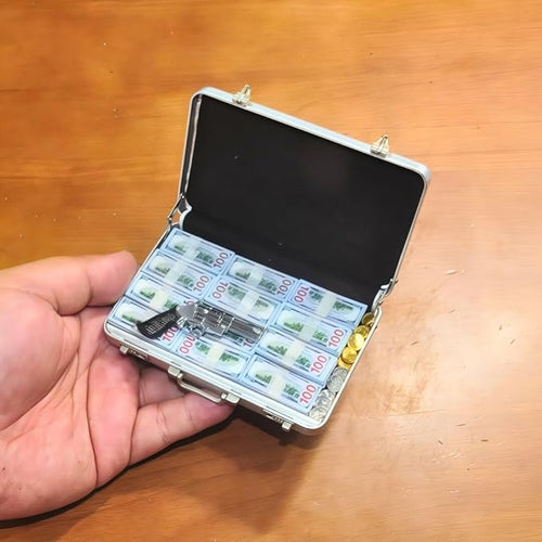 1:6 Scale Miniature Briefcase Set - Includes Fake Gold Bars, Bundles of $100 Mini Dollar Bills, Vintage Coins and Mini Weapons - Unique Adult NoveltyToy & Dollhouse Accessories (Silvery)