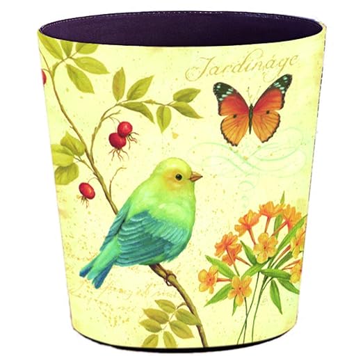 Scakbyer 10L/2.64 Gallon Trash Can, Decorative Waste Basket, PU Leather Waste Paper Basket, Waterproof Garbage Can for Bathroom, Bedroom, Office, Kitchen and Living Room - Green Bird