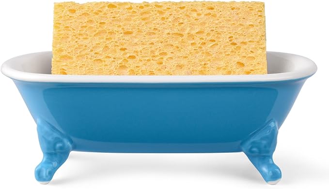 NEWHENGS 6.5" Ceramic Mini Decorative Clawfoot Bathtub Bar Soap Dish, Kitchen Sponge Holder and Shower Tray for Bathroom, 1 Pack(Pacific Blue)