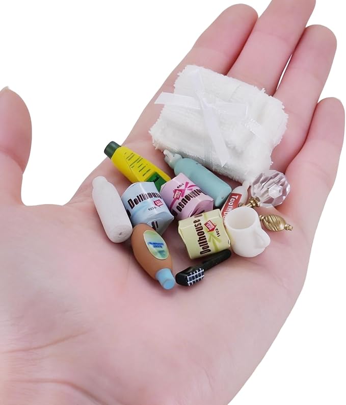 1:12 Scale Miniature Dollhouse Bathroom Accessories 12Pcs - Shampoo Perfume, Toothbrush Toothpaste, Toilet Paper Rolls, Towels