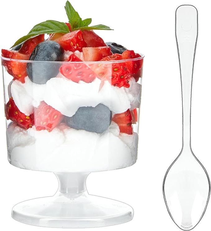 Zezzxu 2 oz Mini Dessert Cups with Spoons, 100 Pack Disposable Appetizer Cup Mousse Cups Small Plastic Wine Glasses for Serving Individual Pudding Shots, Cocktail, Trifle