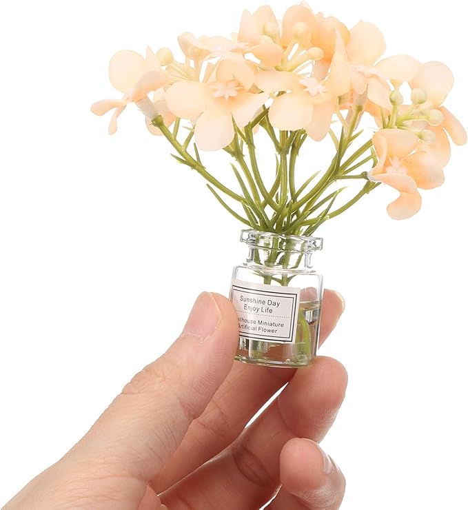 CoCud Mini Flowers Dollhouse in Vase, 3.15" Total Length, Silk Plastic Miniature Dollhouse Accessories with Tiny Flower Orange - (Applications: for Fairy Micro House Ornament) 2-Pieces