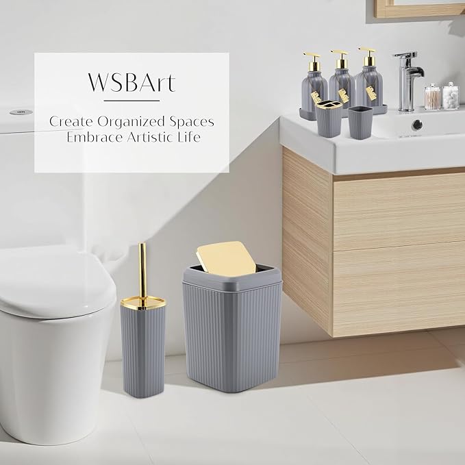 WSBArt 17PCS Bathroom Accessory Set Bathroom Set Grey Bathroom Accessories,Toilet Brush,Trash Can, Qtip Holder Dispenser& 3PCS Soap Dispenser