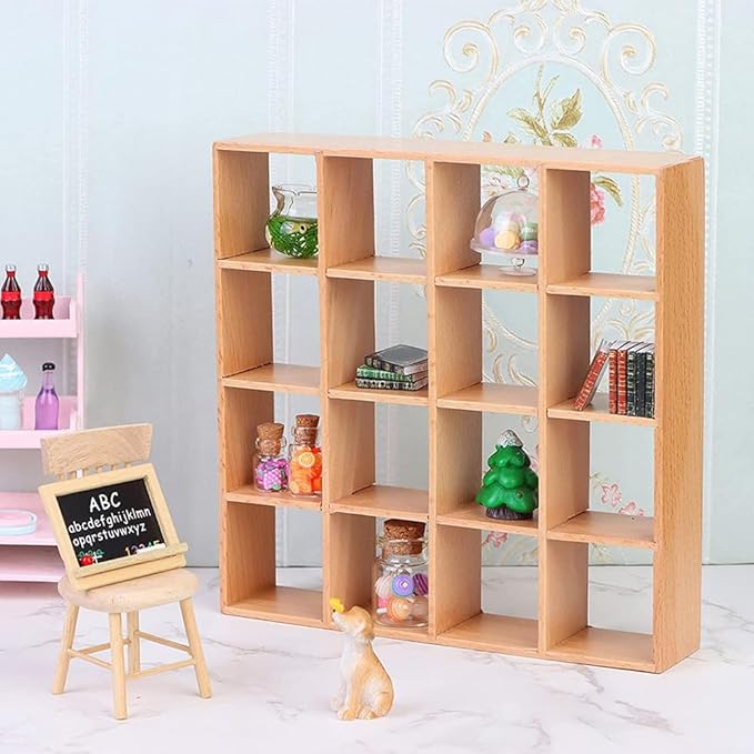 Dollhouse Miniature Wooden Storage Rack 16 Grid Shelves Doll House Wall Rack Bookshelf Display 1/12 Dollhouse Furniture Accessories Miniature Dollhouse Rack (6.69 * 6.69 * 1.38inches)