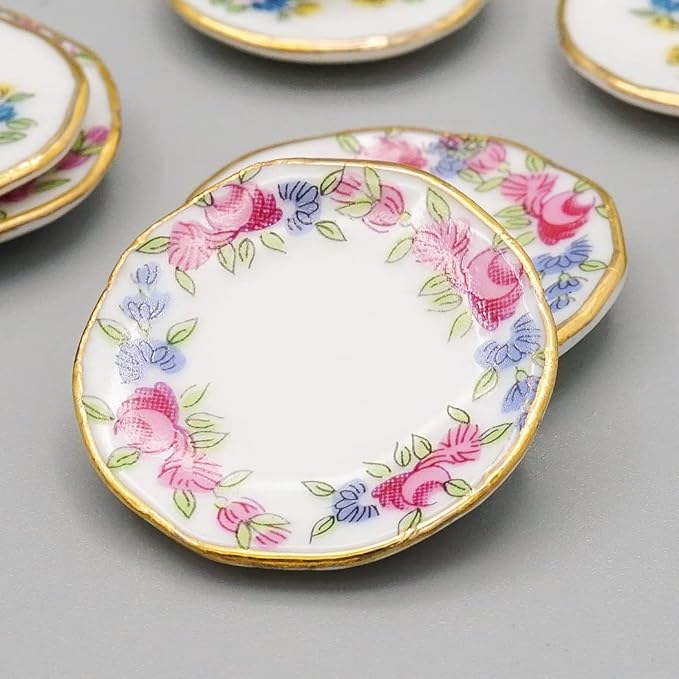 Odoria 1/12 Miniature Dish Dinnerware Set 17Pcs Dollhouse Decoration Accessories, Pink Rose