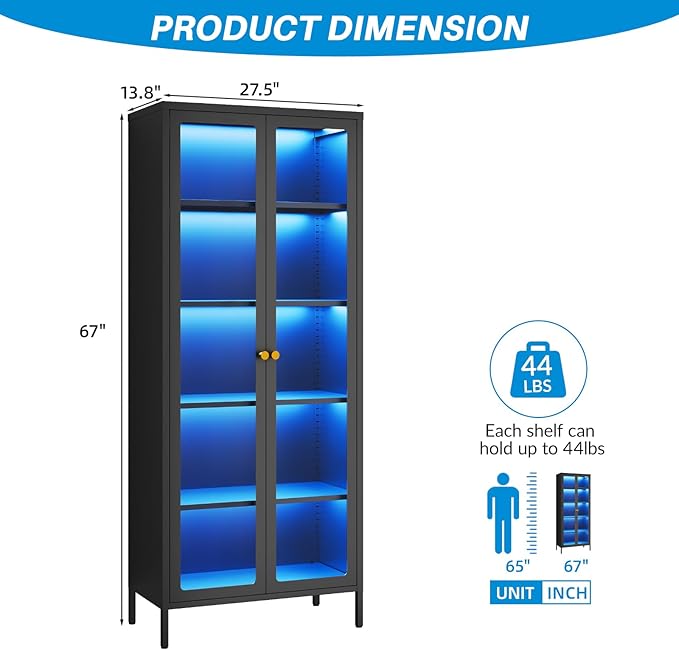 5-Tier Display Cabinet with 13-Color Light, 67" Tall Bookcase Bookshelf with Glass Doors & Adjustable Shelves, Metal Storage Cabinet Display Case for Collectibles Curios Trophies - Black