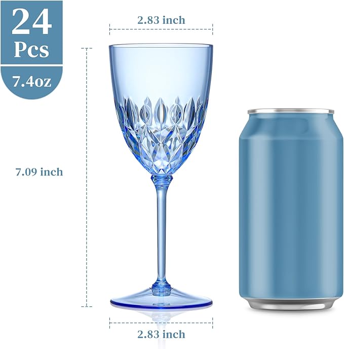 SKLENICE 24 pcs Plastic Blue Wine Glasses Set 7.4oz Detachable Small Wine Goblet Champagne Flutes Unbreakable Vintage Diamond Stemware Mimosa Drinking Glassware for Wedding Christmas Event Party