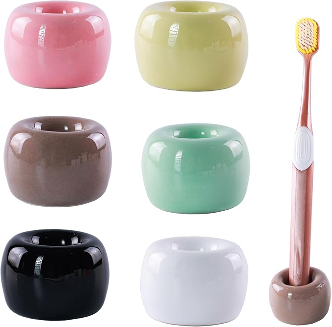 NiuYichee Set of 6 Sleek Mini Ceramics Toothbrush Holder, Small Ceramic Ring, Perfect Size for Bathroom Vanity Countertops