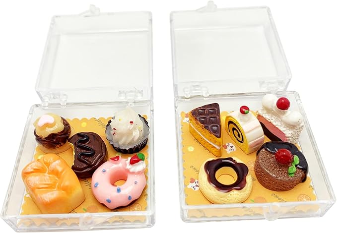 12Pieces Miniature Dollhouse Food Kit Cute 1:12 Mini Cakes Donuts Toast Dessert Kitchen Scene Accessories Micro Landscape Decoration with Acrylic Storage Box