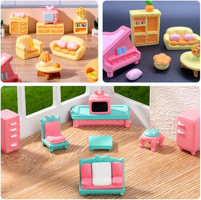 15Pcs Resin Mini Dollhouse Decor Sofa Table Bookcase Piano Living Room Miniature Furniture Set for Garden Micro Landscape Playhouse Ornament Accessories