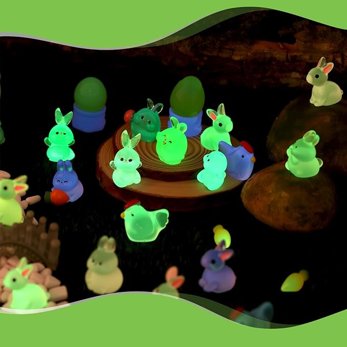 68Pcs Easter Mini Bunny Figurines Luminous Resin Animals Tiny Rabbit Chickens Figures to Hide Miniature Figurines for Egg Fillers Easter Decorations