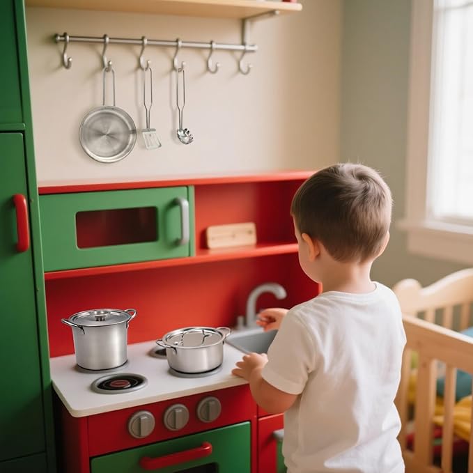 12Pcs Kids Pretend Play Kitchen Accessories Toy Stainless Steel Metal Pots and Pans Playset with Rack Mud Kitchen Accessories Toy Pots and Pans for Kids Toddler Age 3 Years Old