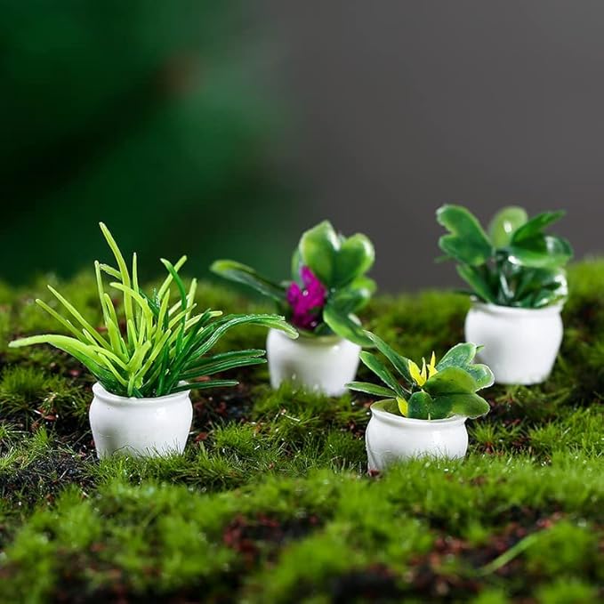 4 Pcs Miniature Potted Plant Set – 1:12 Scale Dollhouse Decoration, Green Bonsai Models with Different Flower Pots, Mini Plants for Desk, Fairy Garden Accessories & DIY Micro Landscape Decor.