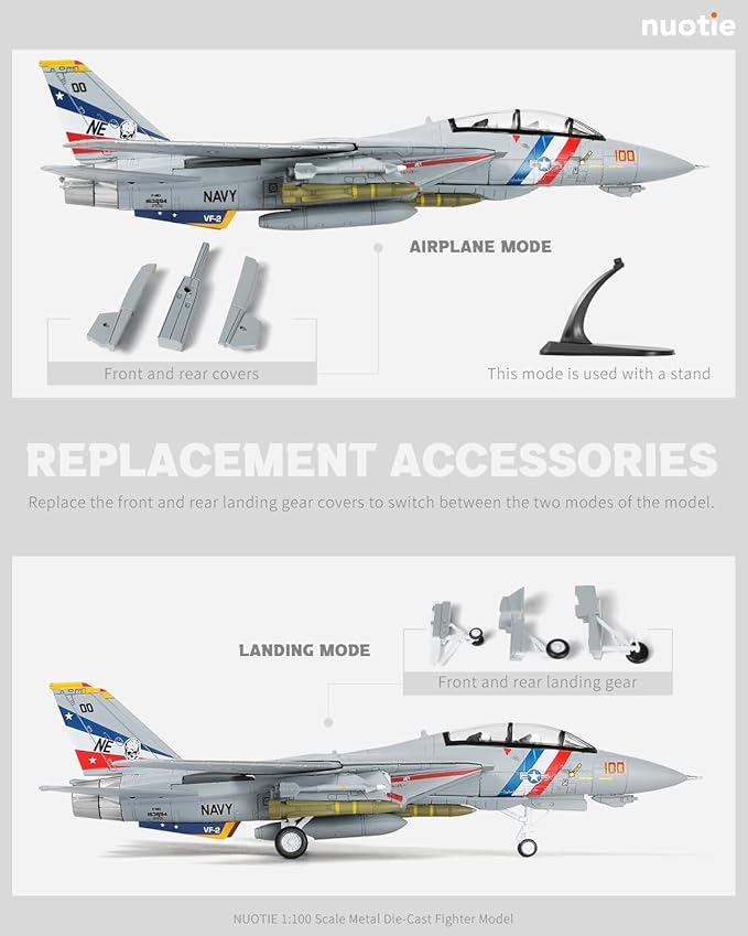 F-14A Tomcat 1/100 Metal Airplane Model Kits with Stand VF-2 Bounty Hunters DieCast Alloy Fighter Model Jet Pre-Build Military Aircraft Collection for Display or Gift