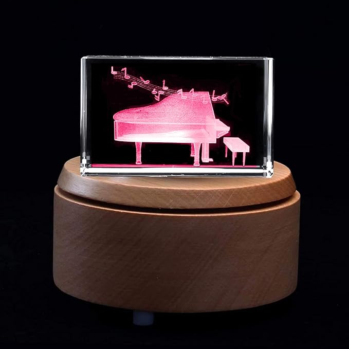 XINDAM 3D Piano Paperweight Laser Etched in Crystal Glass Cube for Graduation Christmas Birthday Valentine's Day (Included LED Base)