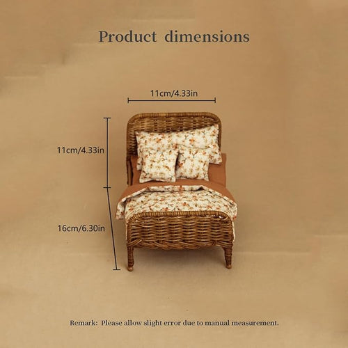 1:12 Scale Dollhouse Wicker Bed Set Handmade Miniature Rattan Bed with Pumpkin Bedding Natural and Brown Colors Dollhouse Bedroom Furniture Decor (Coffee)
