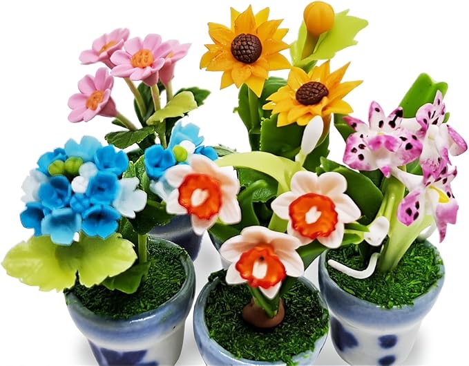WitnyStore Tiny 1½" High 5 Pieces Set Mix Sunflower Orchid Hydrangea Zinnia - Hand Made Artificial Flowers Colorful Miniature Realistic Clay Flower Plant Pots Blooming House Plants Indoor Decoration