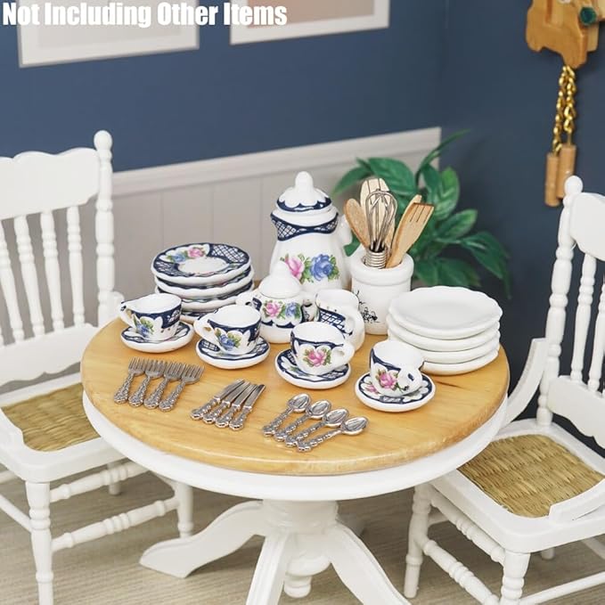 Odoria 1/12 Miniature Porcelain Tea Set Plates and Silverware Kitchen Utensils Dollhouse Accessories, Blue Blossom