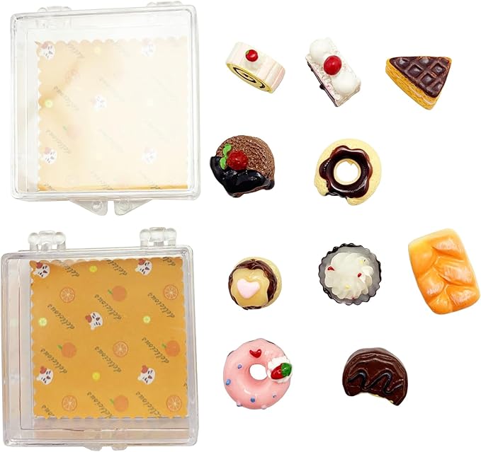 12Pieces Miniature Dollhouse Food Kit Cute 1:12 Mini Cakes Donuts Toast Dessert Kitchen Scene Accessories Micro Landscape Decoration with Acrylic Storage Box