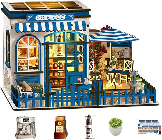 DIY Miniature House Kit - 3D Wooden Puzzle Dollhouse Kit with LED Lights, Coffee Shop Book Nook Bookshelf Insert Decor, Mini House Building Kit for Adults & Teens, Creative Craft Gift