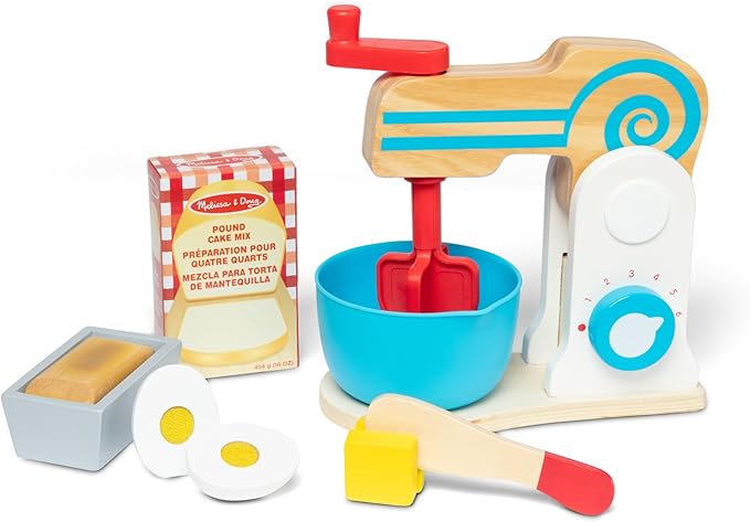 Melissa & Doug Make-a-Cake, 10-Piece Wooden Mixer Set with Play Food & Play Kitchen Accessories, Preschool Toys for Girls & Boys Ages 3+ - FSC Certified