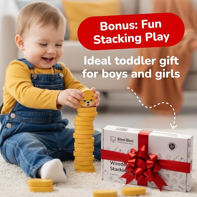 Bimi Boo Emotion Stacking Blocks for Toddlers - Montessori Social-Emotional Learning Toy Set (Set of 14 Wooden Stones)