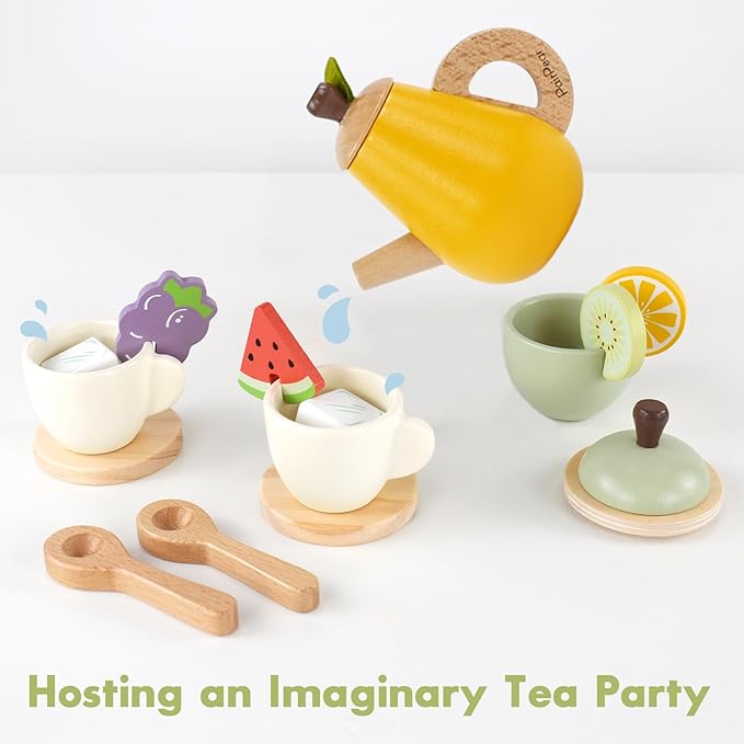 PairPear Wooden Tea Party Set for Little Girls, Kids Tea Sets for Toddler 3-5, 20pcs Pretend Play Fruit Tea Playset Kitchen Accessories Wooden Toys Food for Christmas Birthday