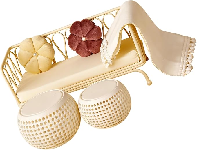 Doll House Sofa Set; Iron Frame Miniature Living Room Furniture; Detachable Washable Fabric Cushions for Creative Room Decoration.