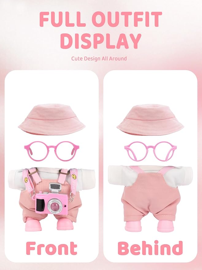 17cm Doll Clothes Set, Hat & Overalls & Shirt & Shoes & Glasses & Camera Set for 17cm Accessories Suit, Stylish Dolls Clothes Accessories, Cute Clothes for Dress up Unique Style (Light Pink)